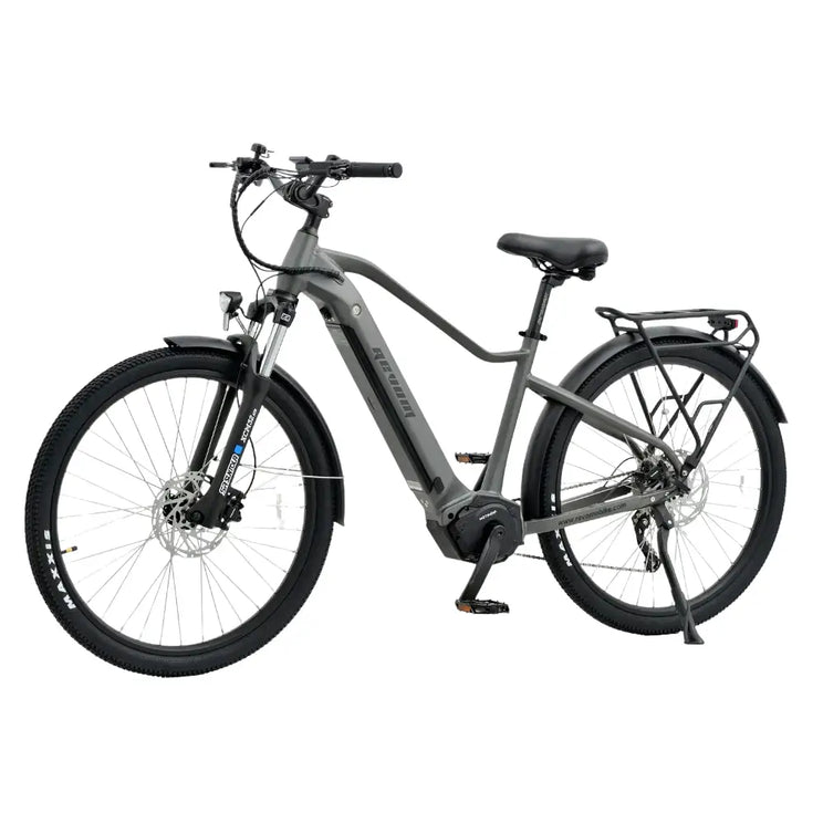 Front angle of the Revom S1 ATB electric bike, showing the front suspension and disc brakes.