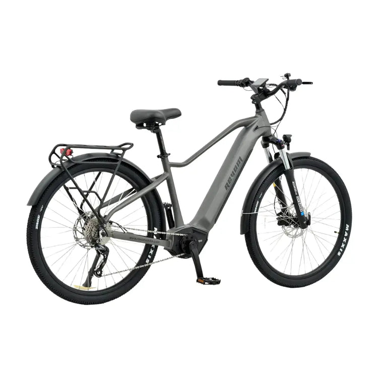 Rear angle of the Revom S1 ATB electric bike, showing the front suspension and disc brakes.