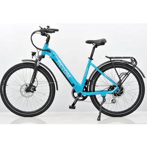 Side profile view of the blue Revom ST04 Tourer electric bike featuring a low step-through frame and rear rack.