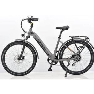 Side profile view of the grey Revom ST04 Tourer electric bike featuring a low step-through frame and rear rack.