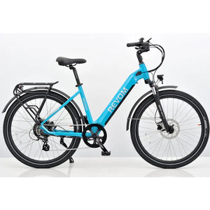 Side profile view of the blue Revom ST04 Tourer electric bike featuring a low step-through frame and rear rack.