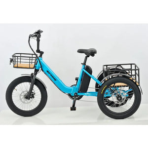 Side profile view of the blue Revom T1 Urban electric trike featuring a low step-through frame for easy access.