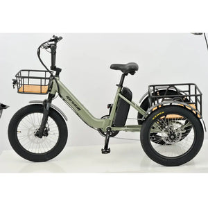 Side profile view of the green Revom T1 Urban electric trike featuring a low step-through frame for easy access.