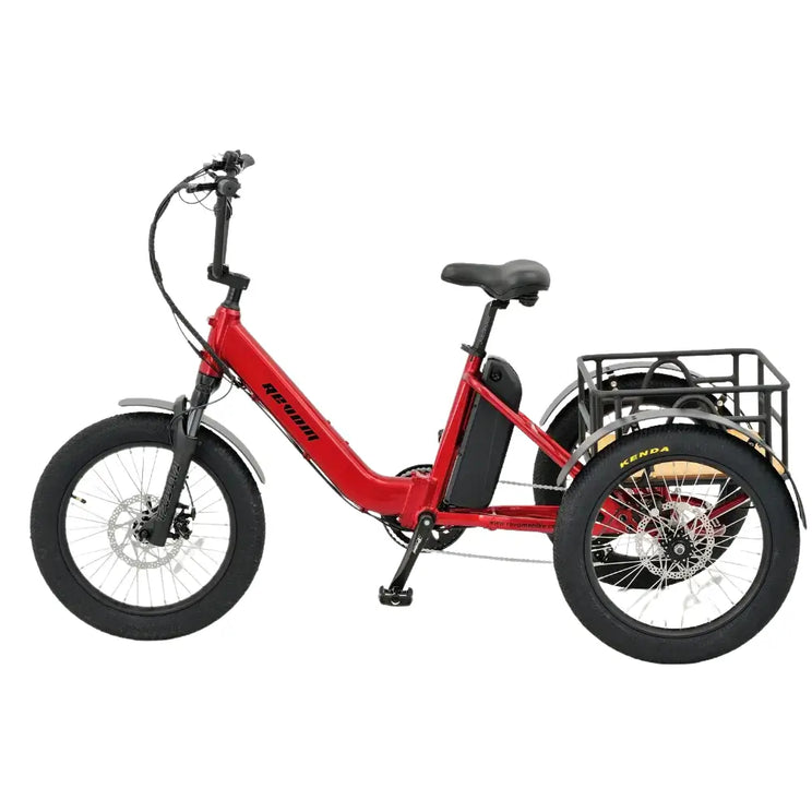 Side profile view of the red Revom T1 Urban electric trike featuring a low step-through frame for easy access.