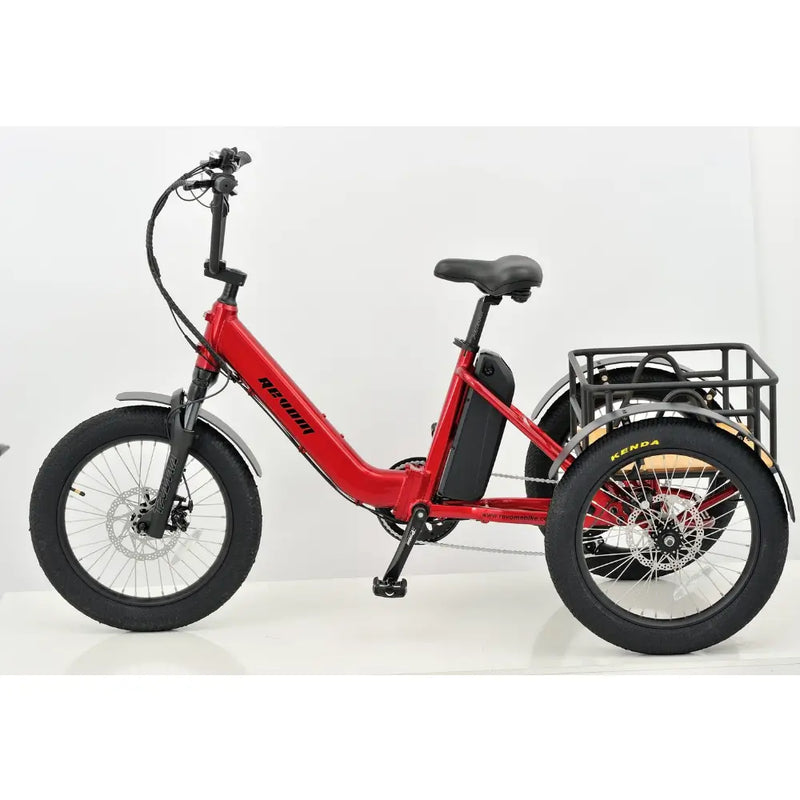 Side profile view of the red Revom T1 Urban electric trike featuring a low step-through frame for easy access.