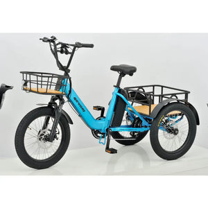 Angled view of the blue Revom T1 Urban electric trike featuring a low step-through frame for easy access.