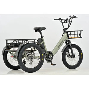 Rear angled view of the green Revom T1 Urban electric trike featuring a low step-through frame for easy access.