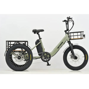 Side view of the green Revom T1 Urban electric trike featuring a low step-through frame for easy access.