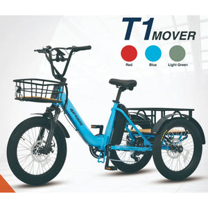 Poster of the Revom T1 Urban electric ytike in blue, designed for stability and urban mobility.