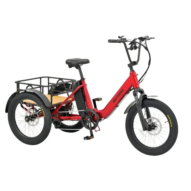 Angled view of the red Revom T1 Urban electric trike featuring a low step-through frame for easy access.