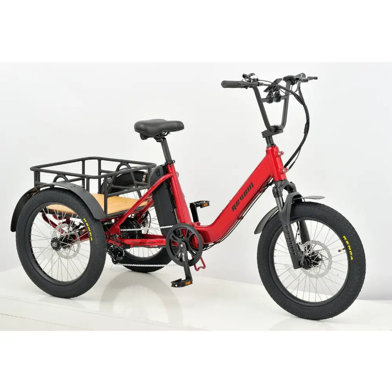 Angled view of the red Revom T1 Urban electric trike featuring a low step-through frame for easy access.