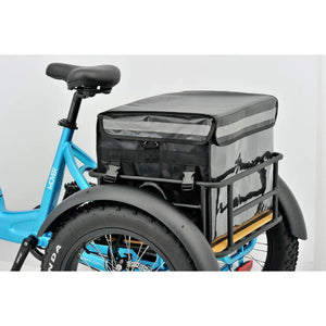 Rear close-up of the Revom T1F Electric Tricycle in blue fitted with a large black insulated delivery bag in the cargo basket.