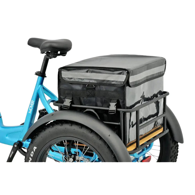 Rear close-up of the Revom T1F Electric Tricycle in blue fitted with a large black insulated delivery bag in the cargo basket.