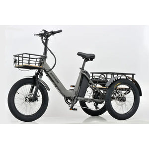 Left side view of the grey Revom T1F Folding Urban Electric Tricycle Cargo Bike 250W with front and rear cargo baskets.