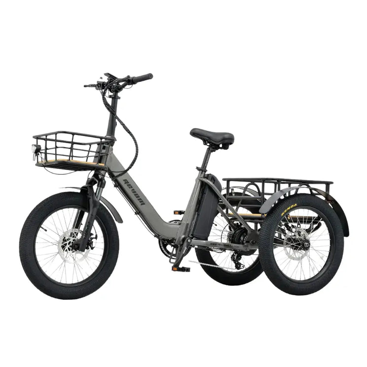 Left side view of the grey Revom T1F Folding Urban Electric Tricycle Cargo Bike 250W with front and rear cargo baskets.