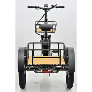 Rear view of the Revom T1F Folding Urban Electric Tricycle in grey with large rear cargo basket.