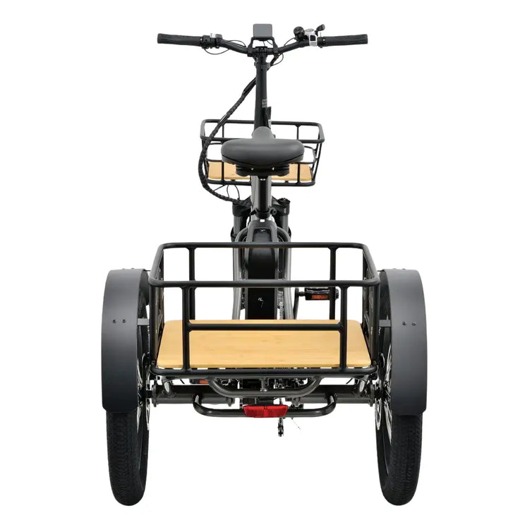 Rear view of the Revom T1F Folding Urban Electric Tricycle in grey with large rear cargo basket.