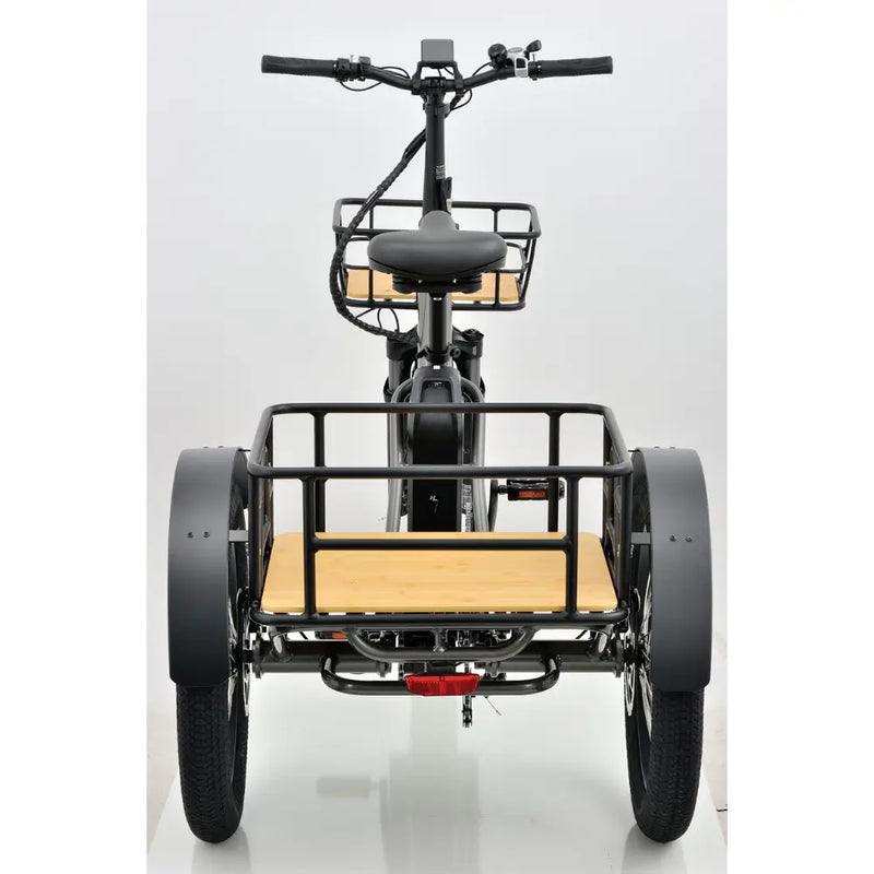 Rear view of the Revom T1F Folding Urban Electric Tricycle in grey with large rear cargo basket.