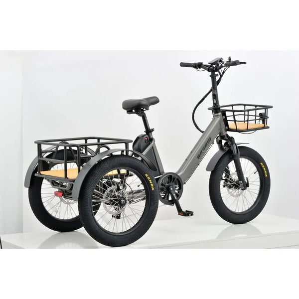 Right side view of the Revom T1F folding electric tricycle cargo bike in grey, featuring front and rear baskets.