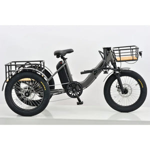 Side view of the Revom T1F Folding Urban Electric Tricycle in matte grey, featuring front and rear cargo baskets and fat tyres.