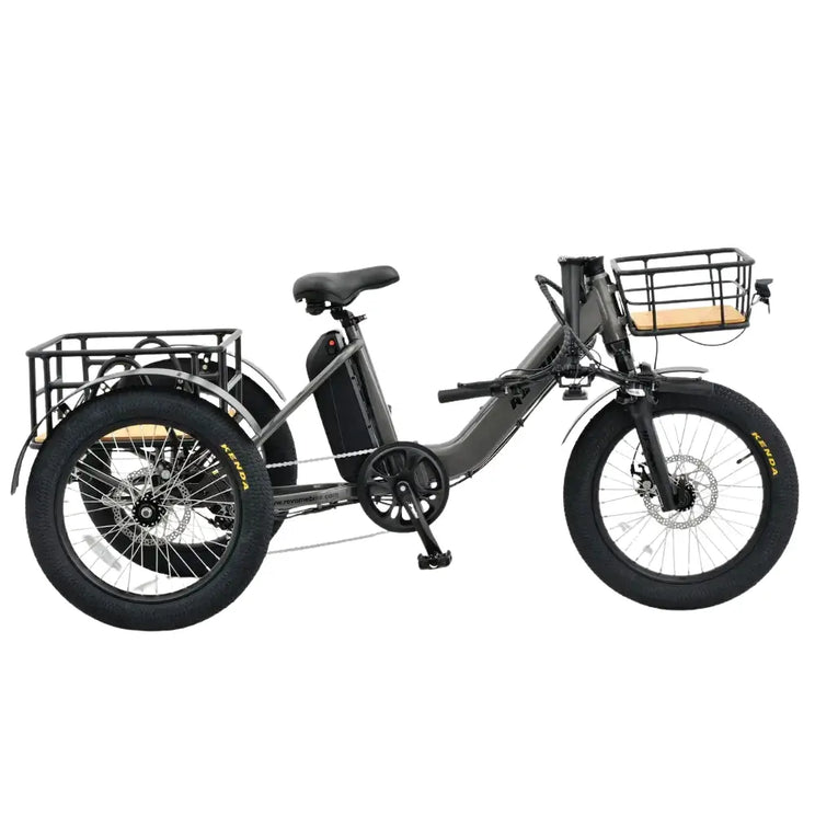 Side view of the Revom T1F Folding Urban Electric Tricycle in matte grey, featuring front and rear cargo baskets and fat tyres.