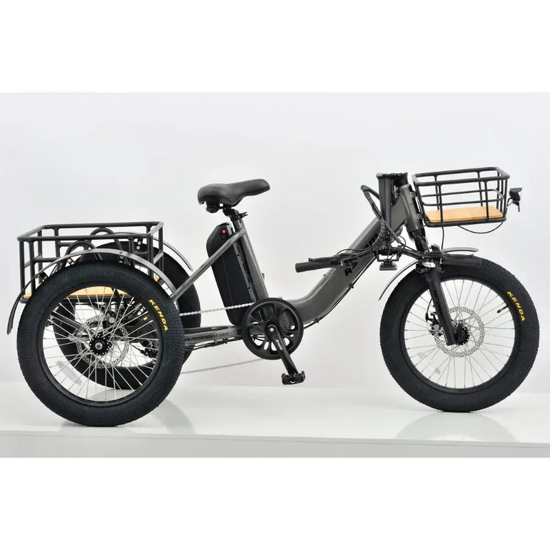 Side view of the Revom T1F Folding Urban Electric Tricycle in matte grey, featuring front and rear cargo baskets and fat tyres.