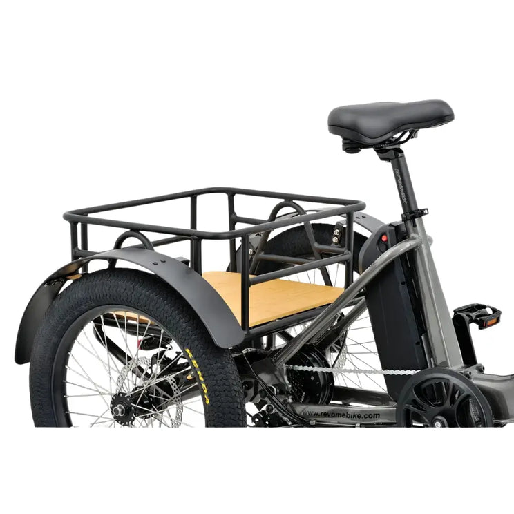 Rear section of the Revom T1F Electric Tricycle showing the padded saddle and wooden deck cargo basket in matte grey finish.