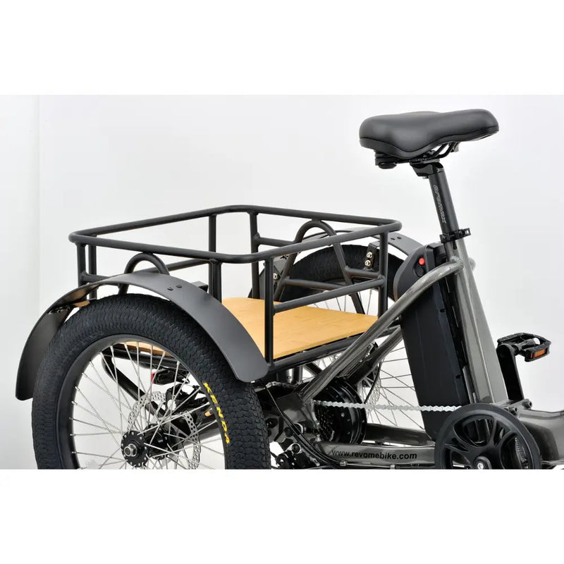 Rear section of the Revom T1F Electric Tricycle showing the padded saddle and wooden deck cargo basket in matte grey finish.