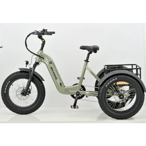 Side view of the light green Revom T2 electric mountain trike featuring a low step-through frame and cargo baskets.