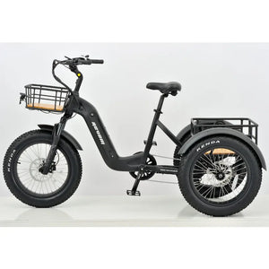 Full side view of the matte black Revom T2 electric trike with fat tires for stability and off-road traction.