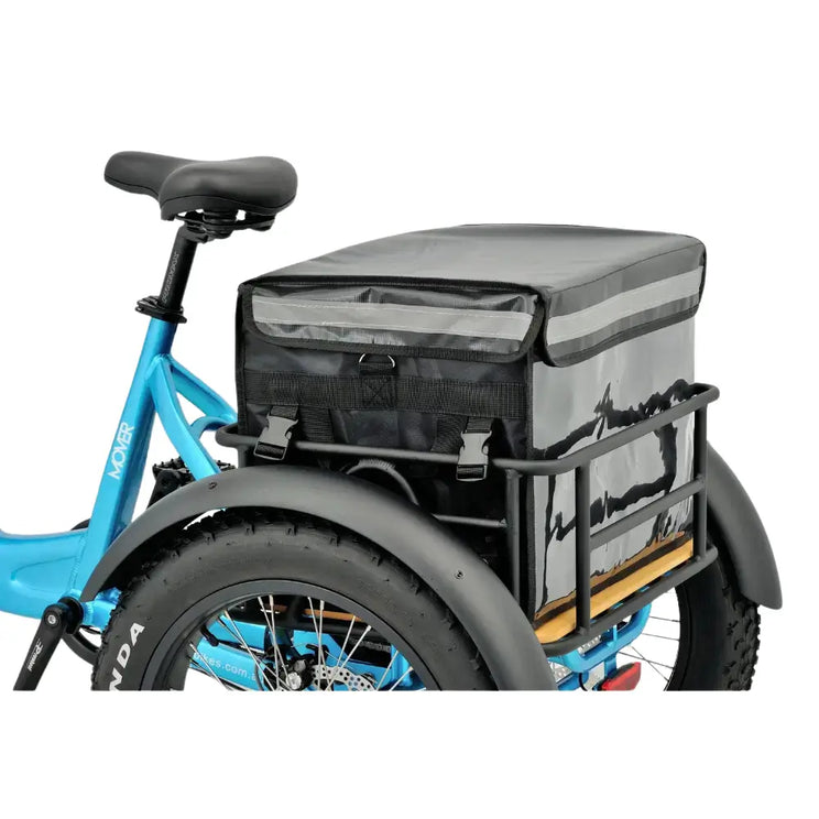 Close-up of the Revom T2 rear cargo basket equipped with a large insulated black food delivery bag.