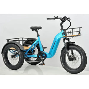 Front angled view of the blue Revom T2 trike showing the front cargo basket and suspension fork.