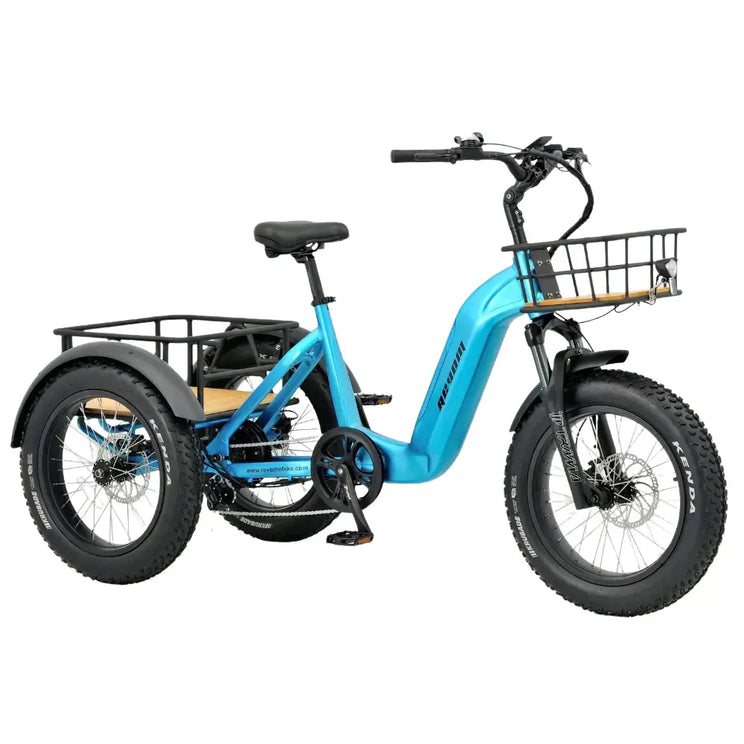 Front angled view of the blue Revom T2 trike showing the front cargo basket and suspension fork.