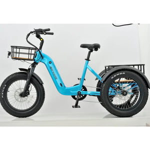 Side profile view of the blue Revom T2 electric trike featuring a low step-through frame and fat off-road tires.
