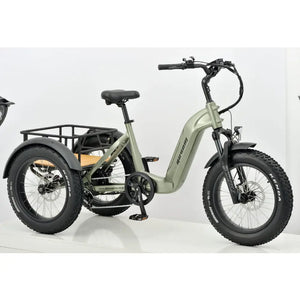 Rear angle shot of the green Revom T2 trike showing the large rear basket capacity and rear differential axle.