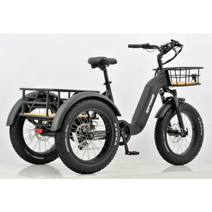 Rear view of the Revom T2 three-wheel electric bike displaying the large rear cargo basket and wide fat tires.