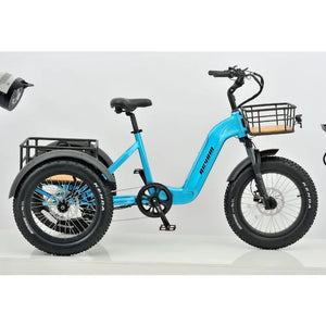 Angled studio shot of the blue Revom T2 three-wheel electric bike highlighting the wide stable wheelbase.