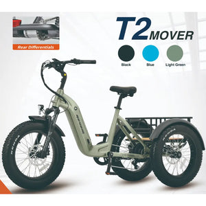 Studio overview of the Revom T2 Mover electric trike highlighting the rear differential system and available color options.