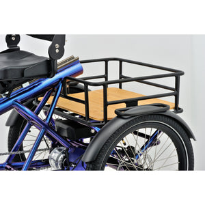 Close-up of the Revom T4 Semi Recumbent Electric Tricycle’s cargo area, showing the black metal frame and wooden platform above the rear wheels.