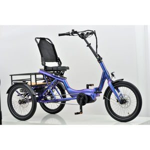 Angled view of the Revom T4 Semi Recumbent Electric Tricycle Cargo Bike in blue, highlighting the ergonomic handlebars, front disc brake, and spacious rear cargo area.
