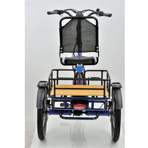 Rear view close-up of the Revom T4 Semi Recumbent Electric Tricycle’s cargo area, showing the black metal frame and wooden platform above the rear wheels.
