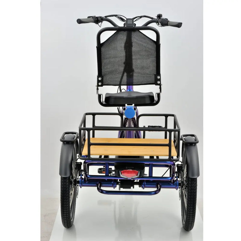 Rear view close-up of the Revom T4 Semi Recumbent Electric Tricycle’s cargo area, showing the black metal frame and wooden platform above the rear wheels.