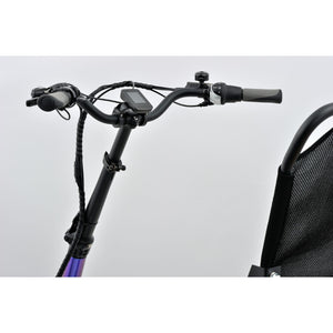 Close-up of the Revom T4 semi recumbent electric tricycle handlebar from the rider's perspective, showing the LCD display, throttle, and gear shifter.