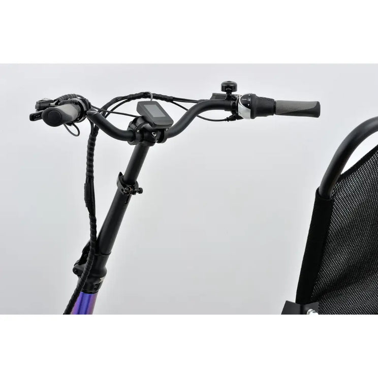 Close-up of the Revom T4 semi recumbent electric tricycle handlebar from the rider's perspective, showing the LCD display, throttle, and gear shifter.