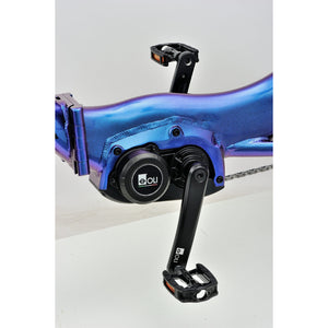 Close-up view of the Revom T4 Semi Recumbent Electric Tricycle Cargo Bike 250W in blue, showing the mid-drive motor and right pedal area.