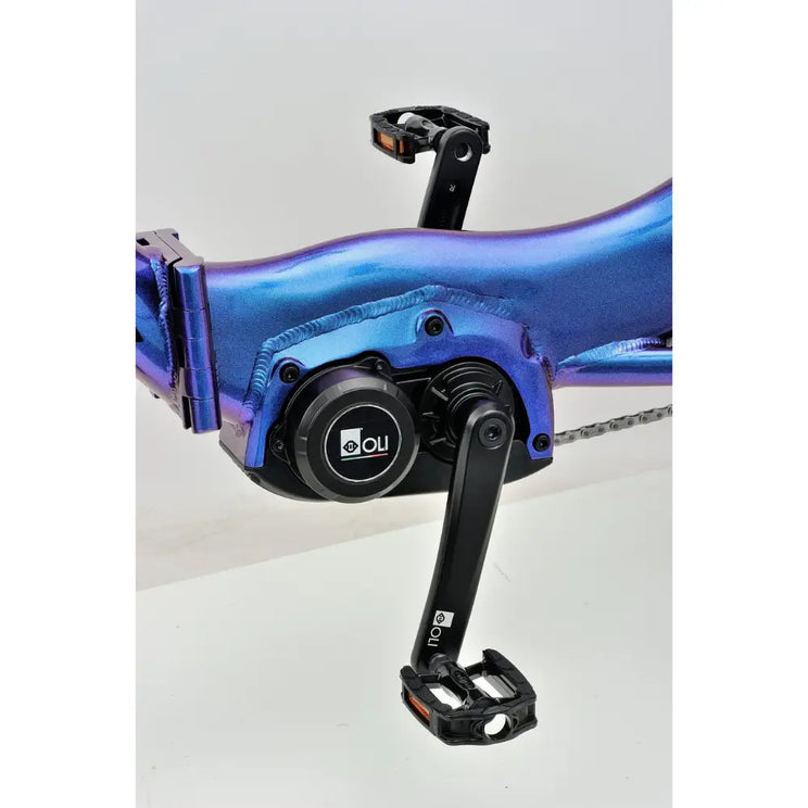 Close-up view of the Revom T4 Semi Recumbent Electric Tricycle Cargo Bike 250W in blue, showing the mid-drive motor and right pedal area.