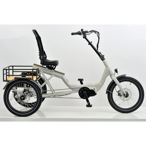 Left side view of the Revom T4 Semi Recumbent Electric Tricycle Cargo Bike in white, featuring a wide rear cargo rack and a supportive seat back.
