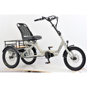 Right side view of the Revom T4 Semi Recumbent Electric Tricycle Cargo Bike 250W in pearl white featuring a mesh-back seat and rear cargo rack.