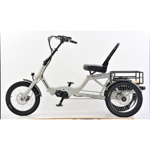 Right side view of the Revom T4 Semi Recumbent Electric Tricycle in pearl white, featuring the low-step frame, mid-drive motor, and rear cargo platform.