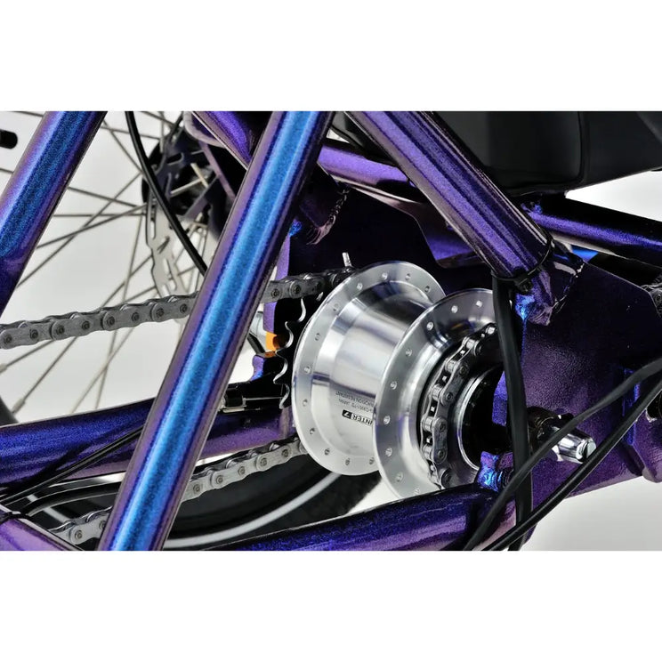 Close-up of the left rear hub and drivetrain on the Revom T4 electric tricycle showing the chain and internal gear system.